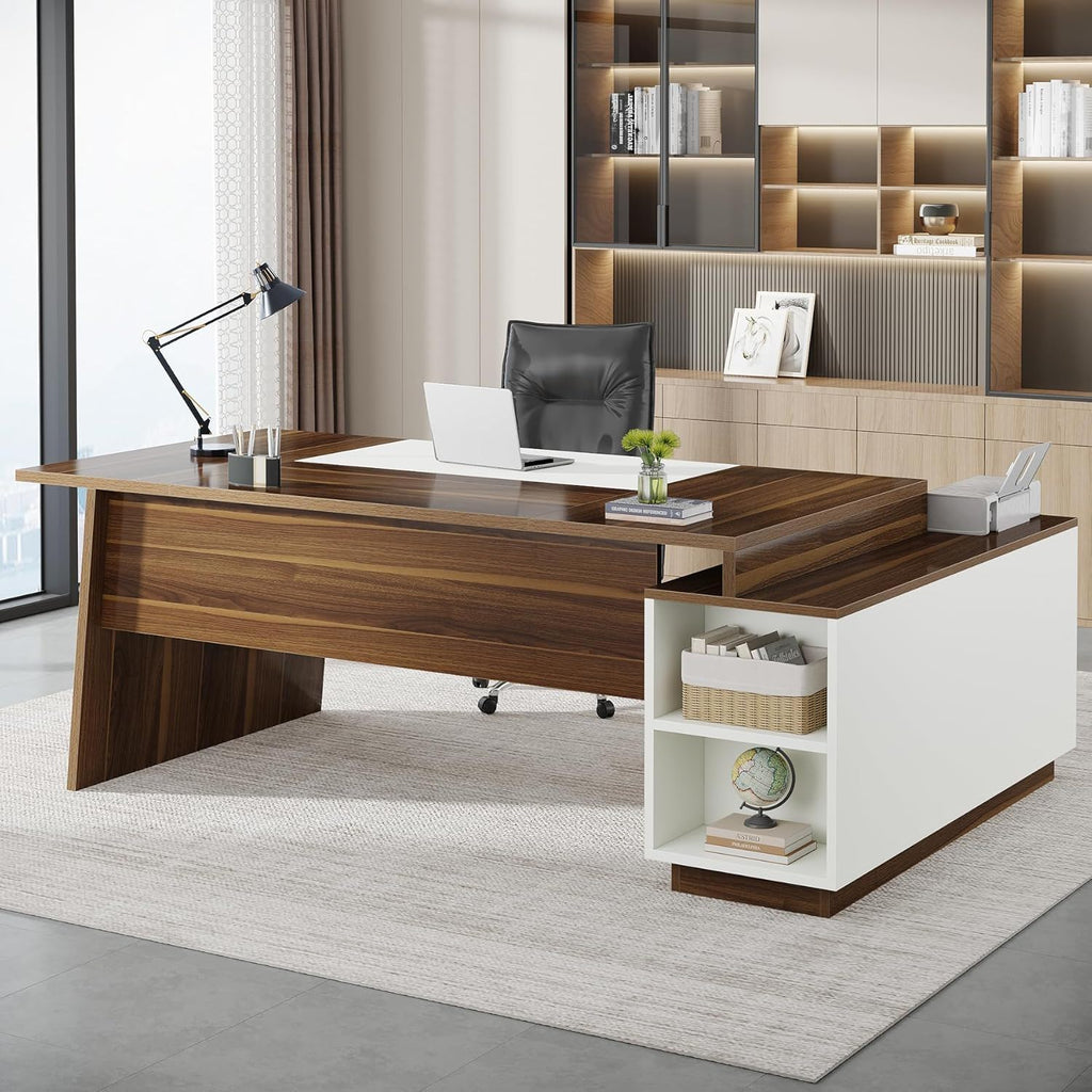 L-Shaped Executive Desk With Storage Cabinet And Shelves For Home Office - White / Walnut