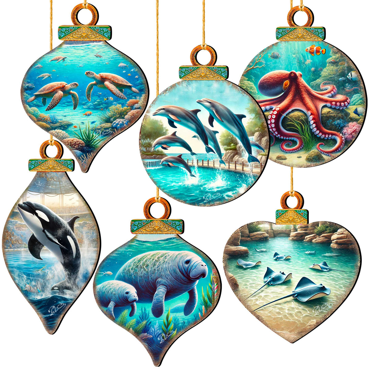 Ocean & Marine Life Eco Wood Christmas Ornaments Set of 12 – Handcrafted Coastal Décor by G.DeBrekht - 8610105-S12