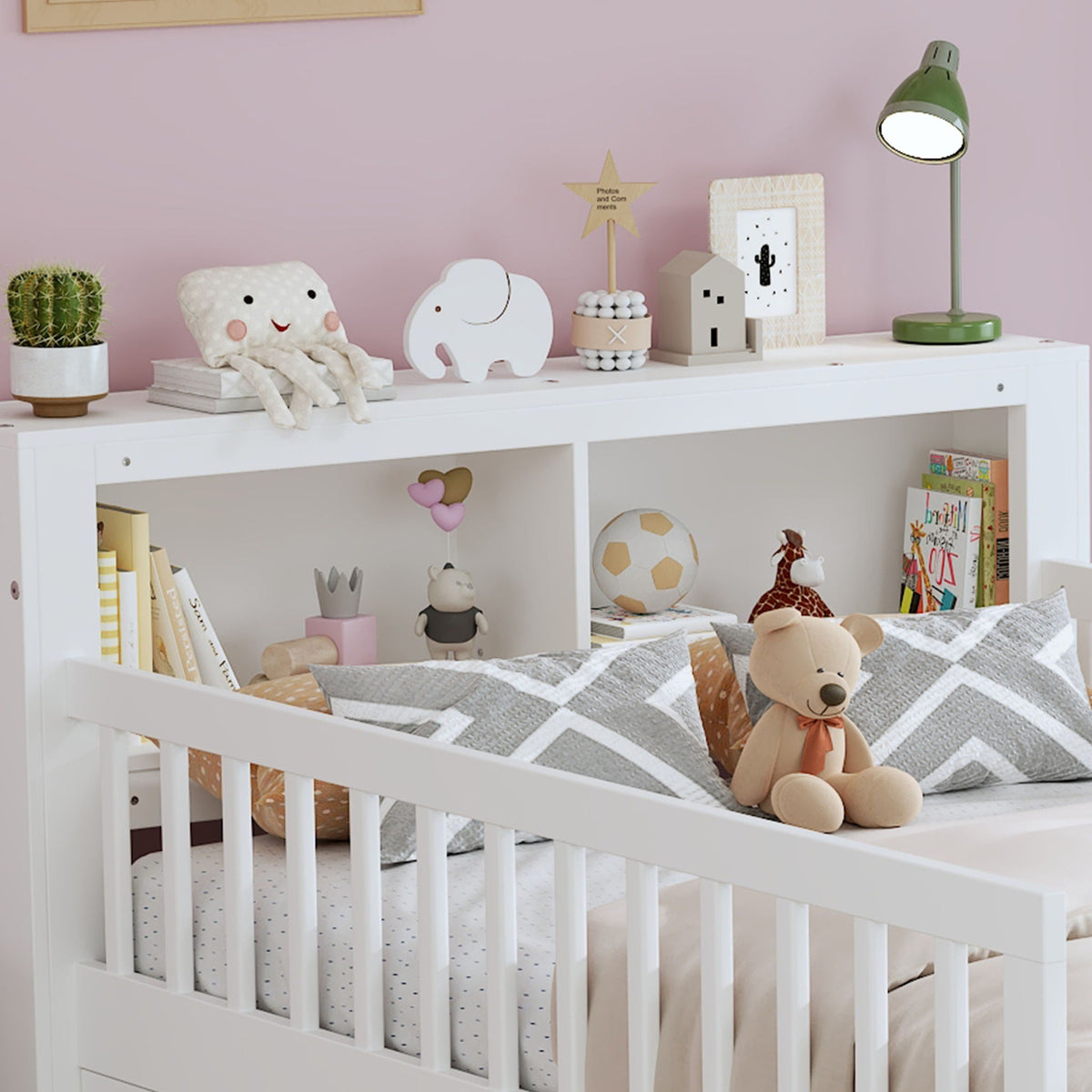 Bed With Headboard Storage Rack, 2 Under Bed Drawers, 3 Side Guardrails For Safety