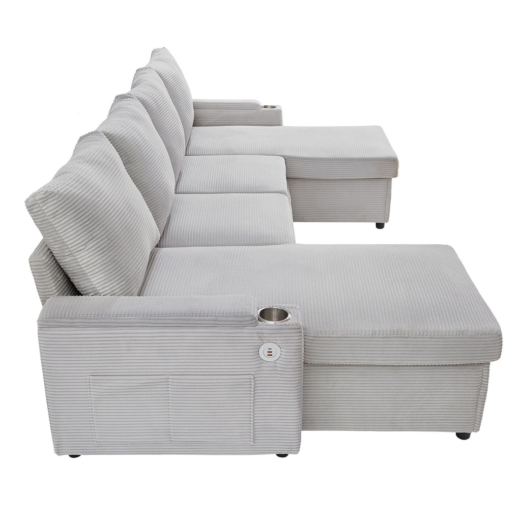 U Shaped Sectional Sofa Bed With Storage Chaise Lounges, USB Ports, And Cup Holders