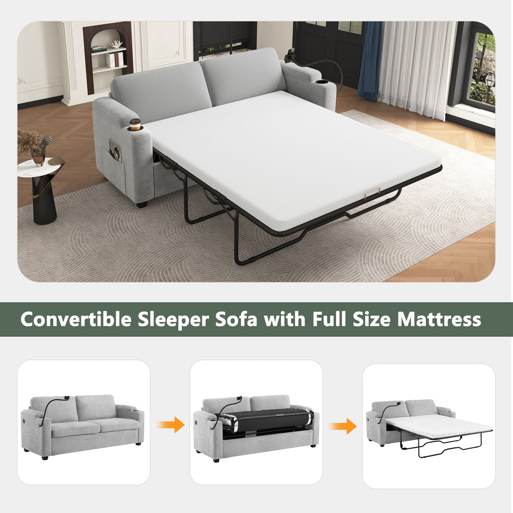 Sleeper Sofa Loveseat Sofa With Full Size Mattress, 2 USB Ports, 2 Cup Holders, 2 Side Pockets And Phone Holder