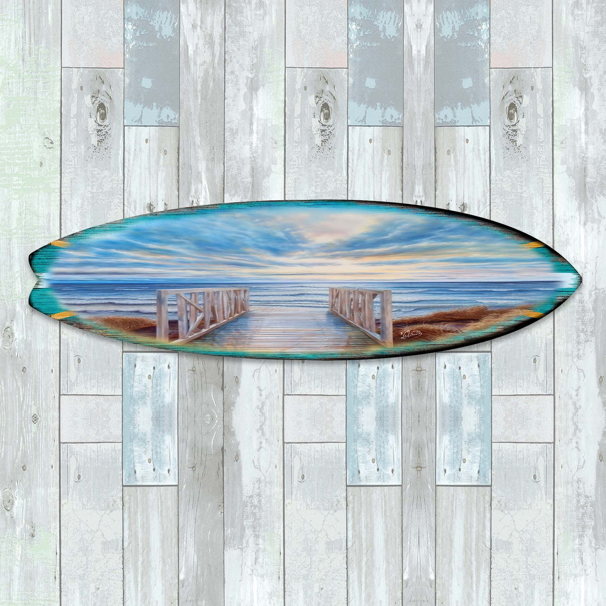 Wooden Pier Surfboard Coastal Wall Art by G. DeBrekht - Coastal Holiday Decor - 8490116HS