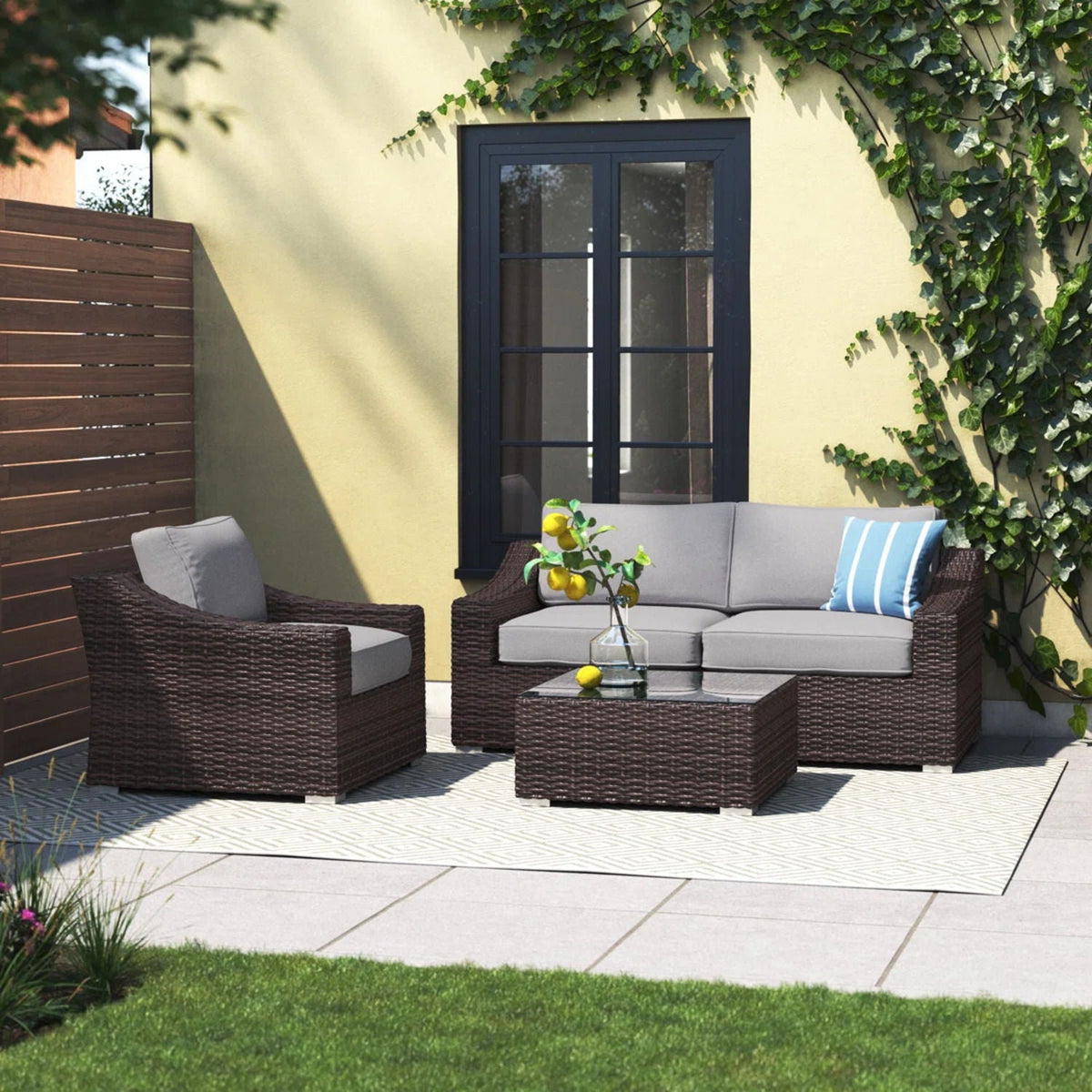 Outdoor Wicker Conversation Set With Cushions, All Weather
