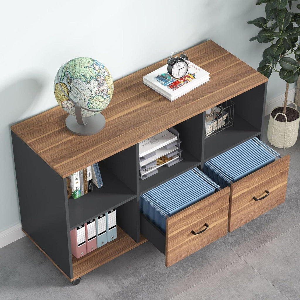 L-Shaped Executive Desk With Mobile File Cabinet, Large Home Office Workstation With Drawers And Shelves - Brown / Black