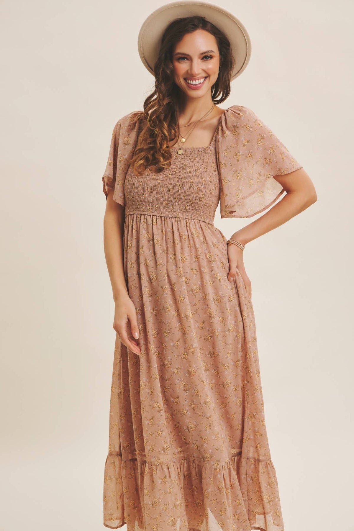 Ariana Square Neck Floral Chiffon Smocked Midi Dress