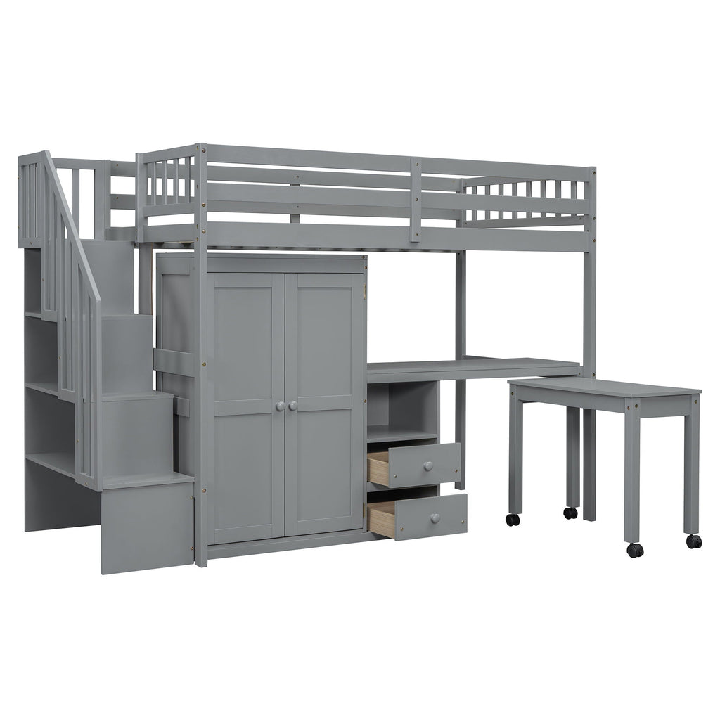 Loft Bed With Stairs, Bookshelf, Drawers, Desk & Wardrobe, Space Saving Multifunctional Furniture