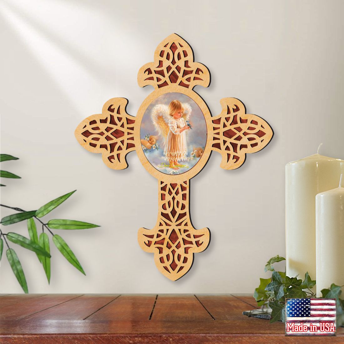Girly Angel Pointy Wooden Cross by D. Gelsinger - Inspirational Icon Decor - 88388-DG