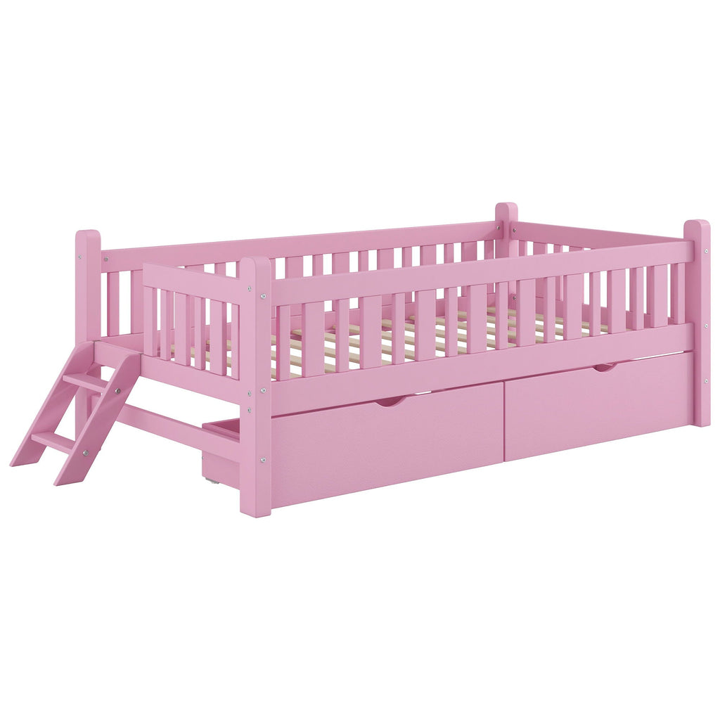 Platform Bed With Guardrail And 2 Drawers