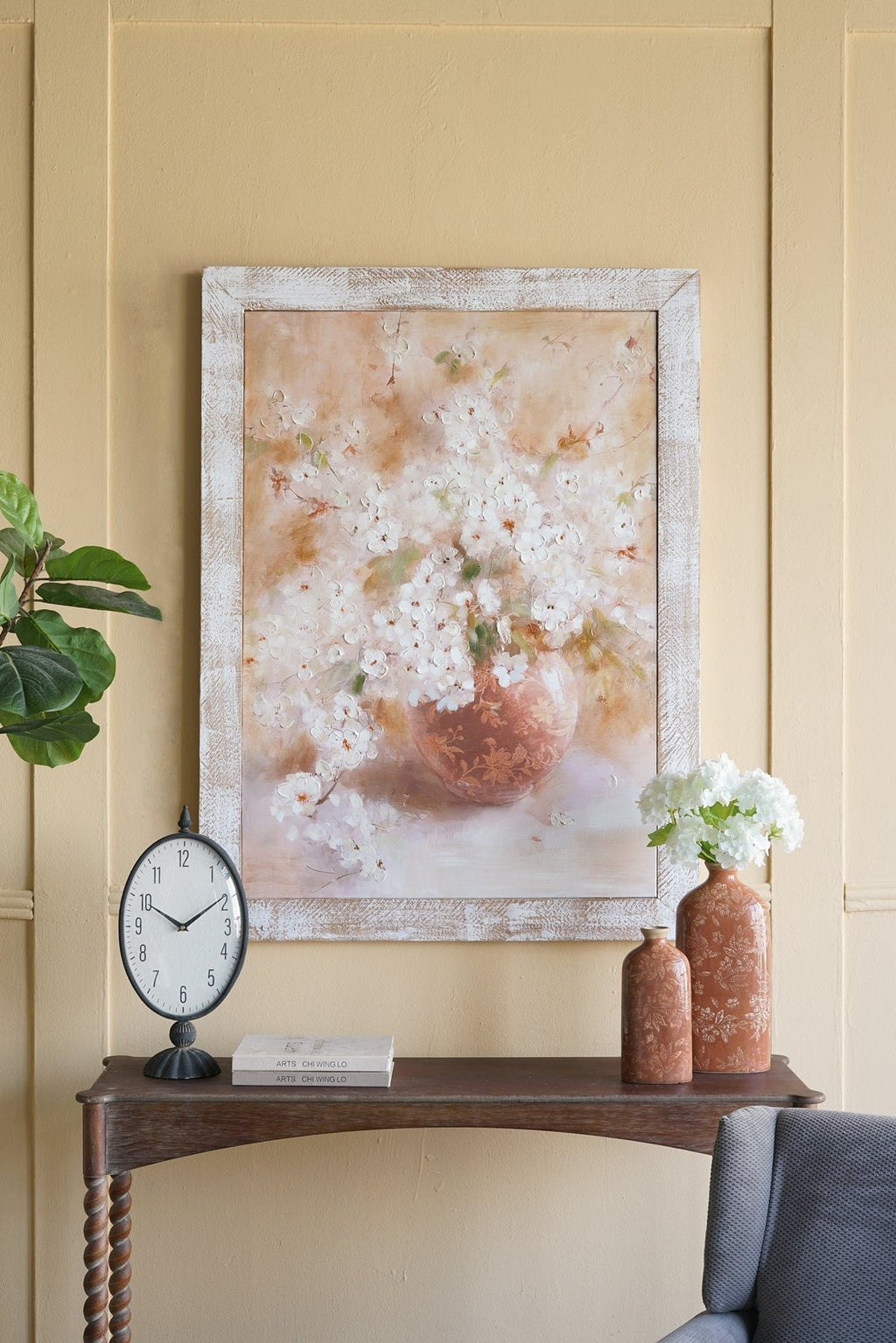 Hand-Painted Still Life Blossom Wall Art with Distressed Fir Wood Frame