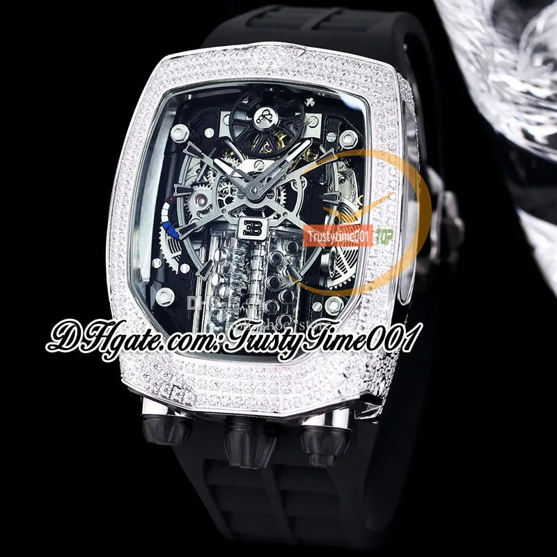 Bugatti Chiron Tourbillon Autoamtic Mens Watch 16 Cylinder Engine Skeleton Dial Iced Out Diamonds Inlay Case Blue Rubber Strap Trustytime001Watches BU200.30