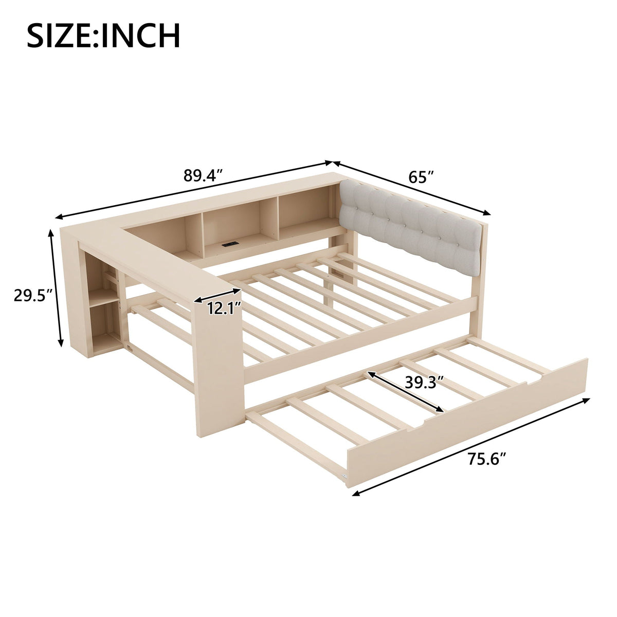 Upholstered Headboard Platform Bed with Storage Shelves, Trundle, and Charging Station