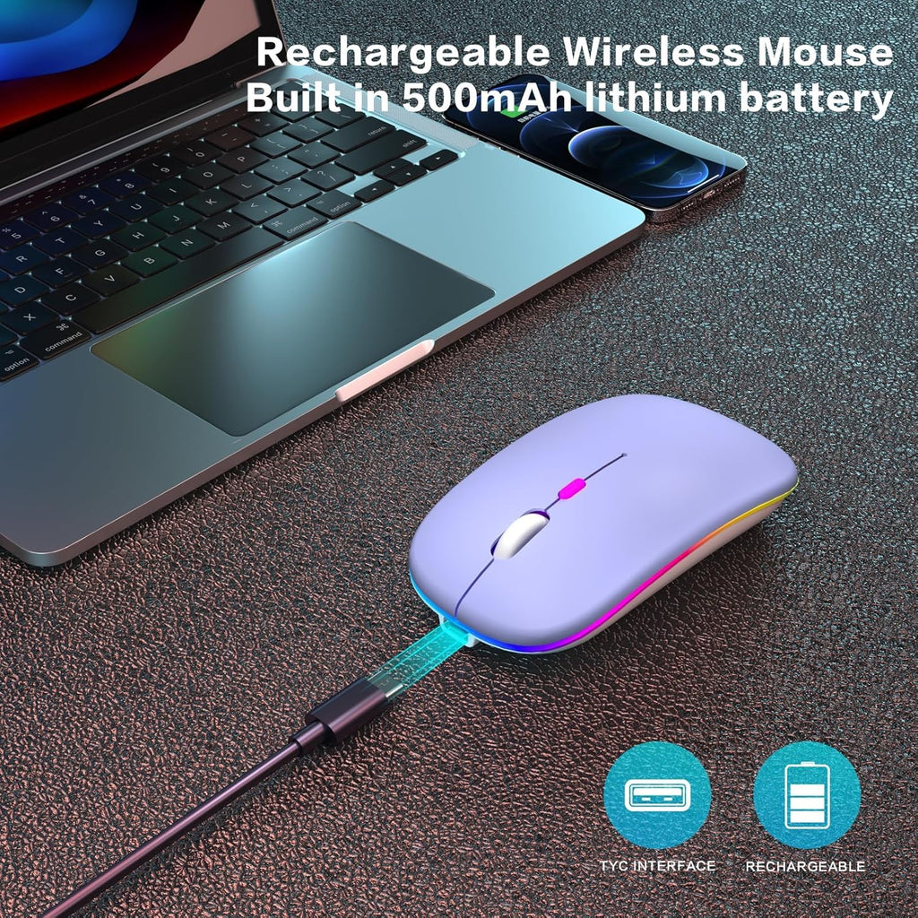Wireless Bluetooth Mouse, Rechargeable, Dual Mode Bluetooth 5.2 & 2.4G USB, LED Lights, Slim, Silent, Portable Computer Mouse for Laptop, PC, Macbook, Ipad, Tablet (Purple)