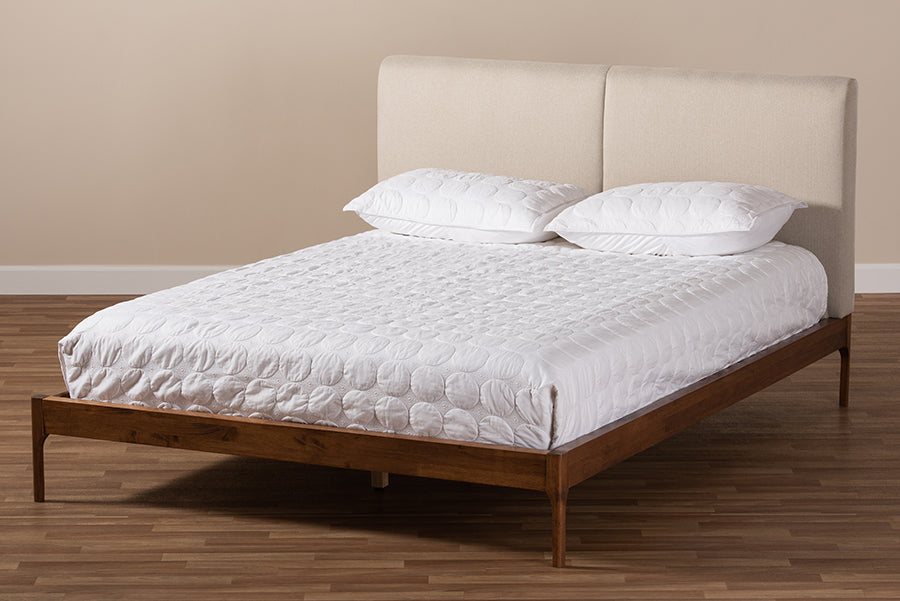 Baxton Studio Aveneil Mid-Century Modern Beige Fabric Upholstered Walnut Finished Full Size Platform Bed