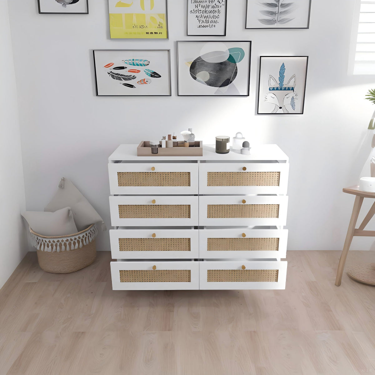 8 Drawers Chest Of Drawers With Rattan Drawer Face Golden Legs And Handles - White