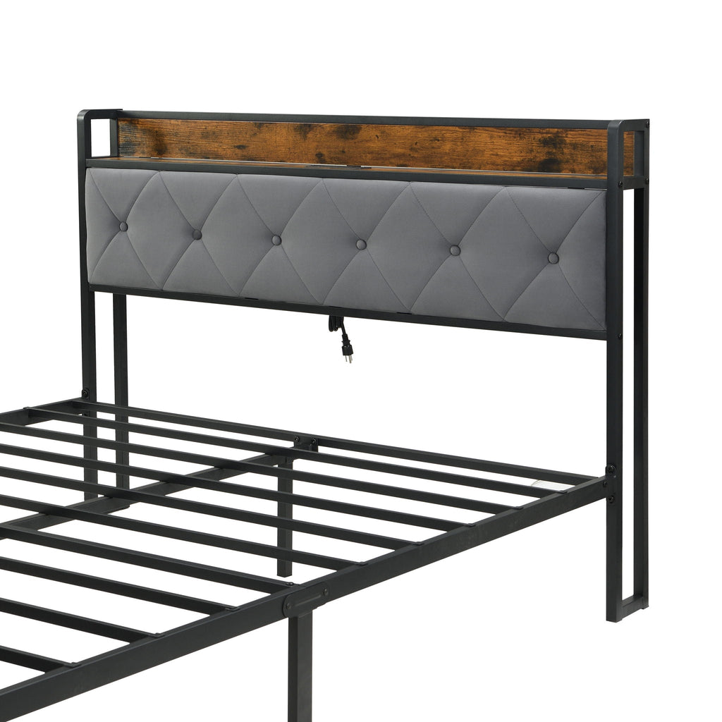 Modern Bed Frame With LED Lights, Upholstered Headboard, USB Charging
