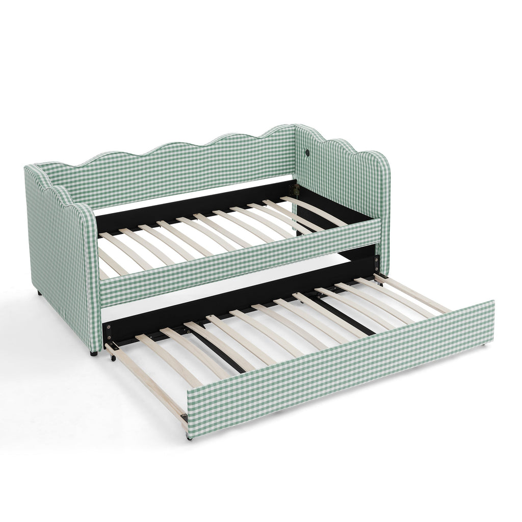 Cozy Gingham Daybed with Trundle Twin Size Sofa Bed No Box Spring Needed