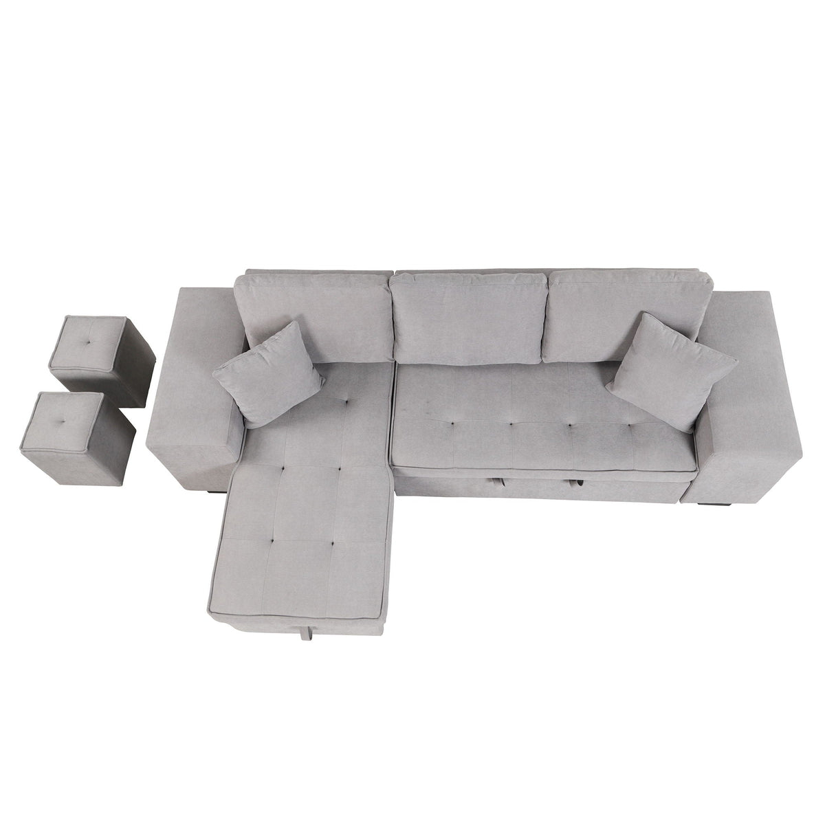 Modern L-Shape 3 Seat Reversible Sectional Couch, Pull Out Sleeper Sofa With Storage Chaise And 2 Stools For Living Room Furniture Set