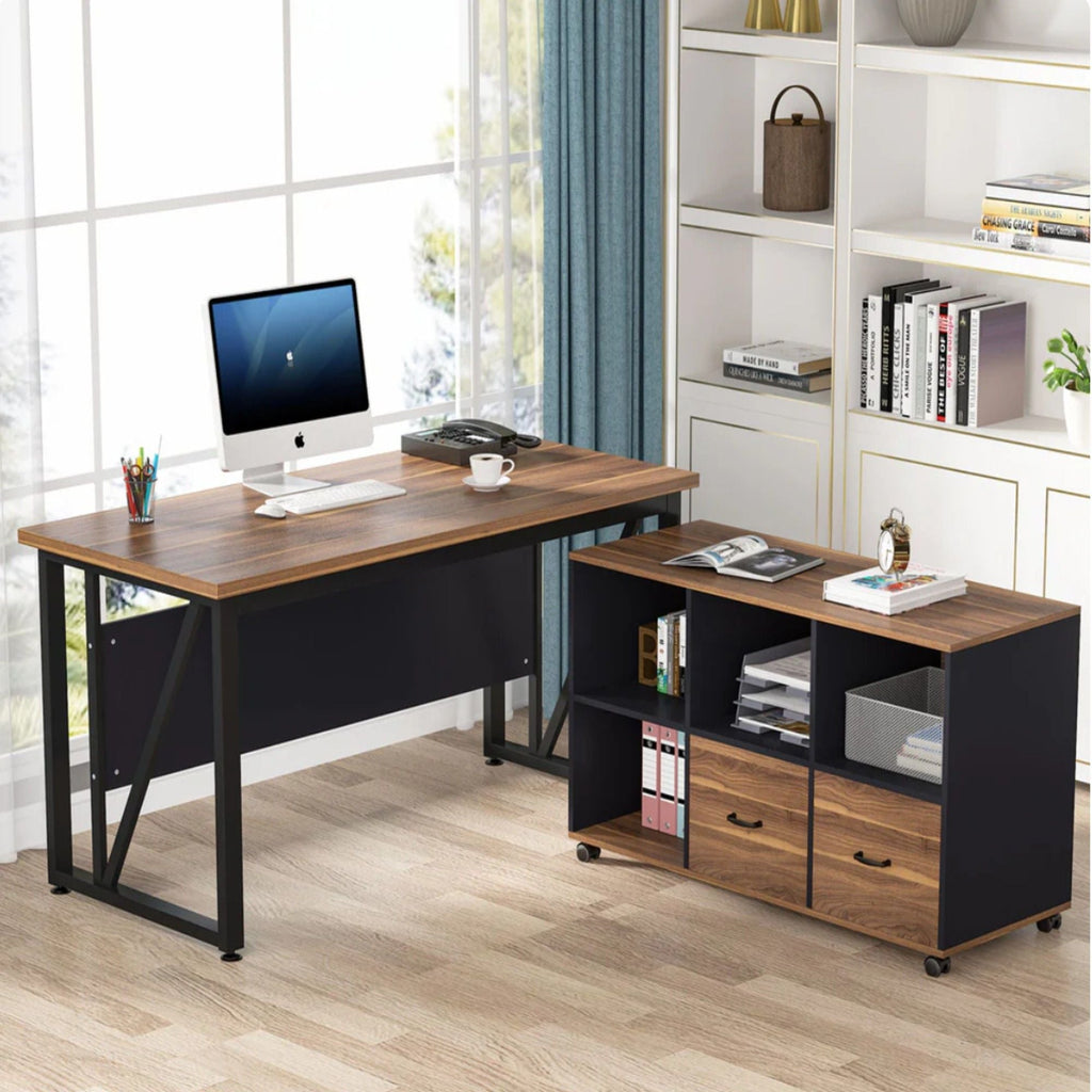 L-Shaped Executive Desk With Mobile File Cabinet, Large Home Office Workstation With Drawers And Shelves - Brown / Black