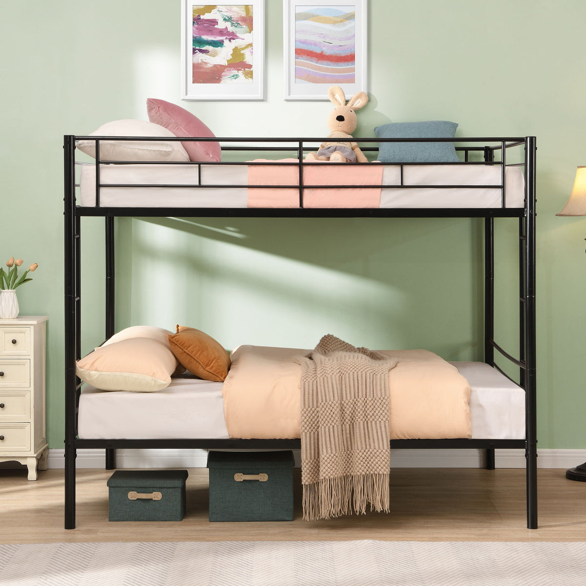 Modern Metal Bunk Bed, Full Over Full, No Box Spring Needed - Black