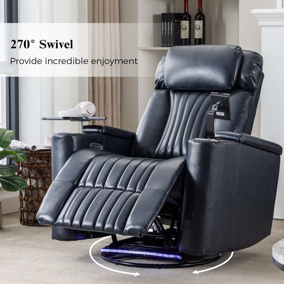 270° Power Swivel Recliner Home Theater Chair With Hidden Arm Storage, LED Light, Cup Holder, And Tray Table