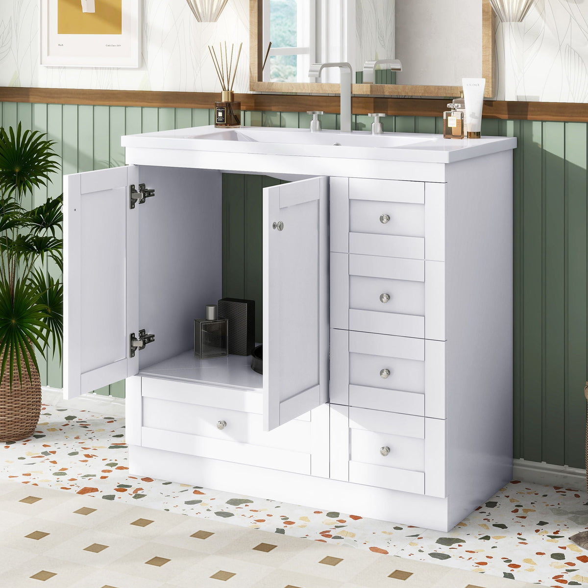 Shaker Free Standing Bathroom Vanity Cabinet With Sink, Soft Close Drawers, Soft Close Doors