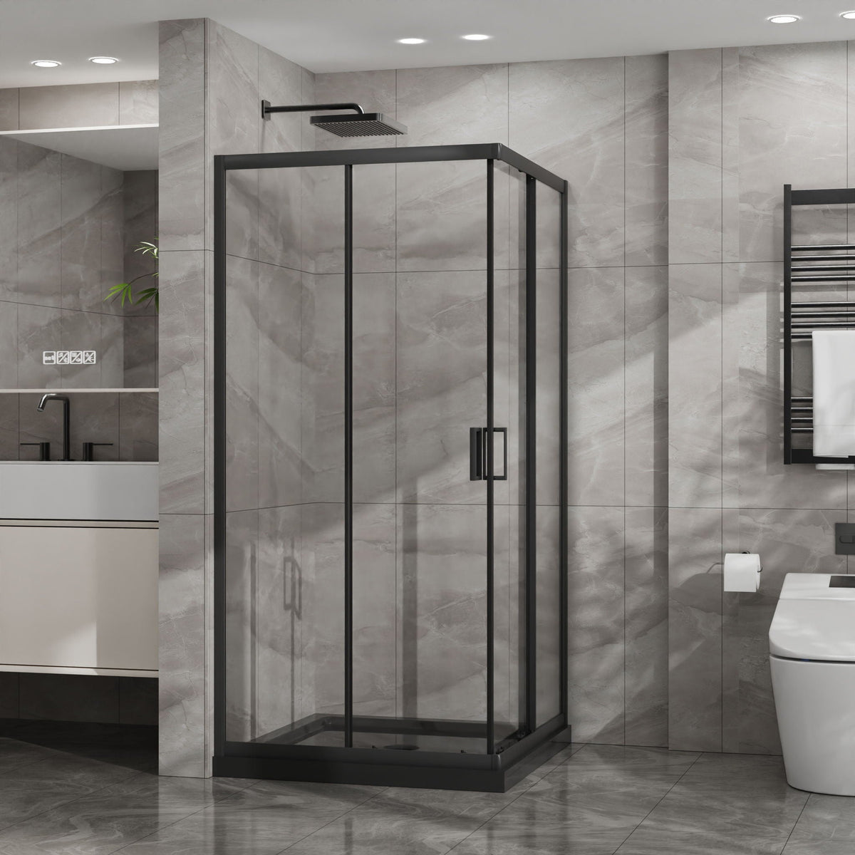 Corner Shower Enclosure, Sliding Door - Matte Black