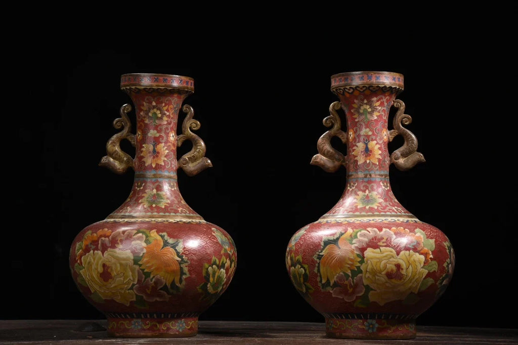 Tibetan Temple Purple-Bronze Cloisonné Vases – Dragon-Ear Flower Pair (14")