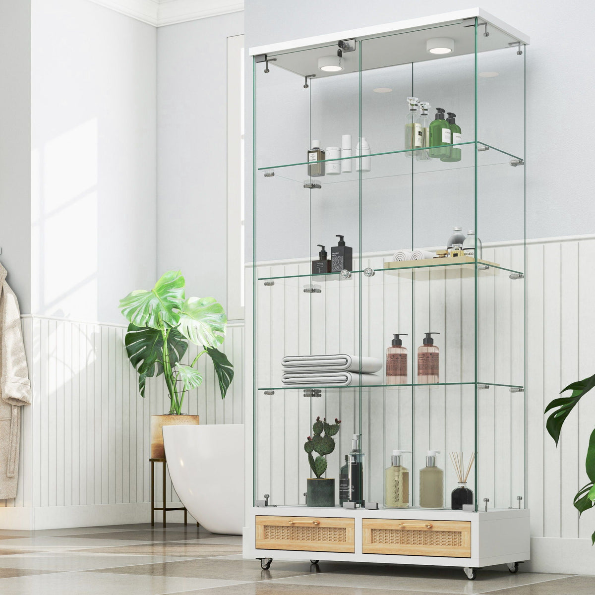 Glass Display Cabinet With LED Lights, Tempered Glass Doors, Large Drawers, 2 Door Storage Case With 4 Shelves - Natural / White