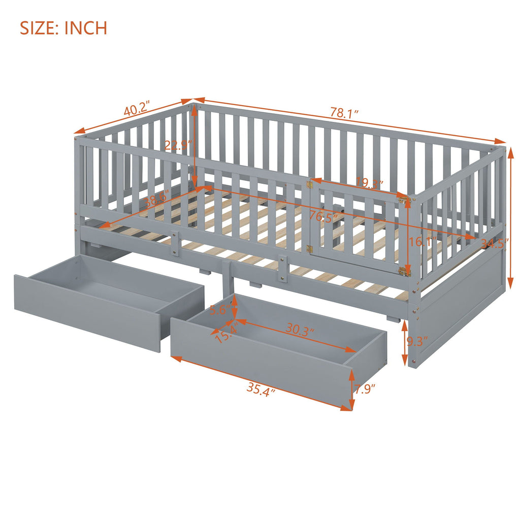 Daybed With Fence Guardrails And 2 Drawers, Split Into Independent Floor Bed & Daybed