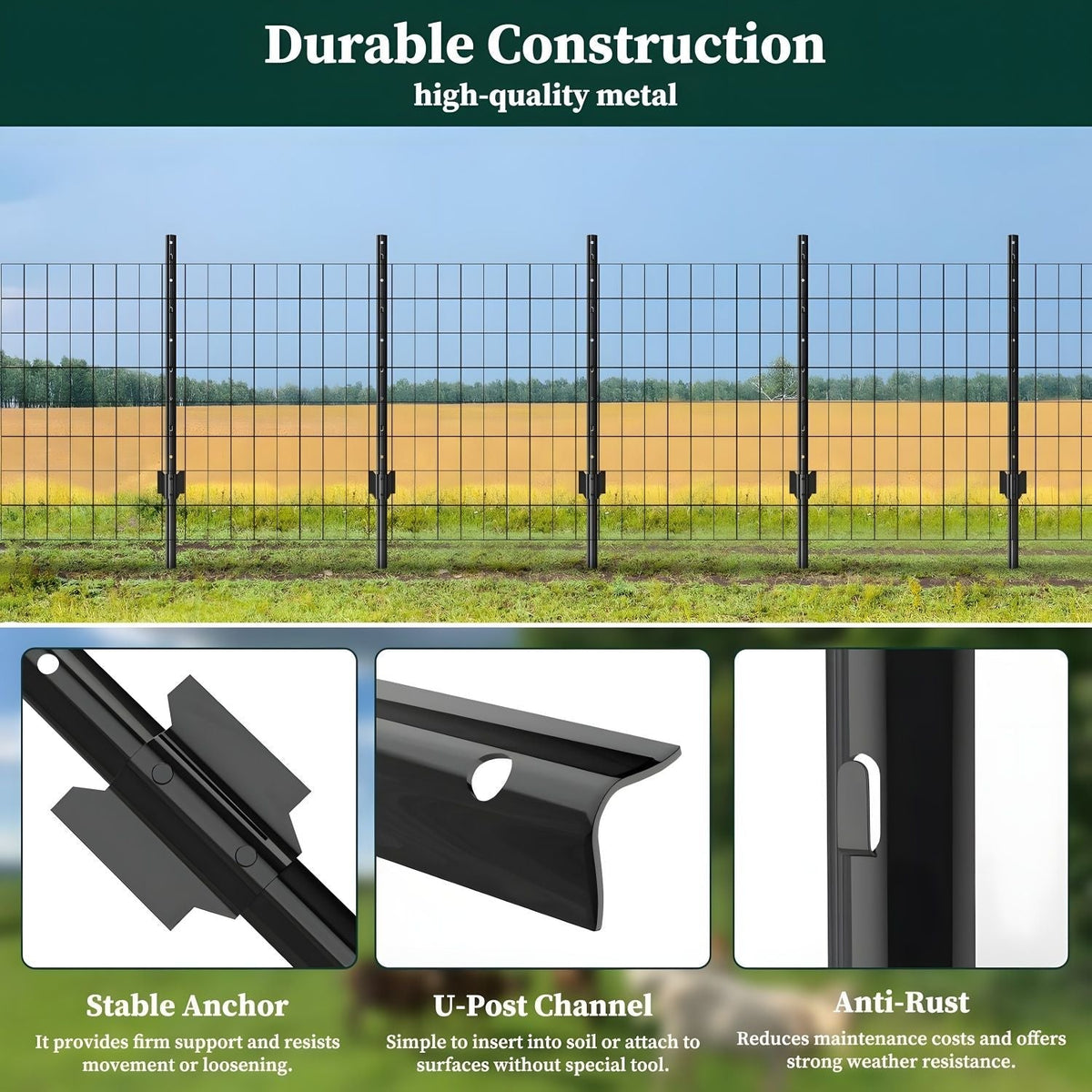 4 Foot U-Shaped Metal Garden Fence Posts Set for Wire Mesh Fencing