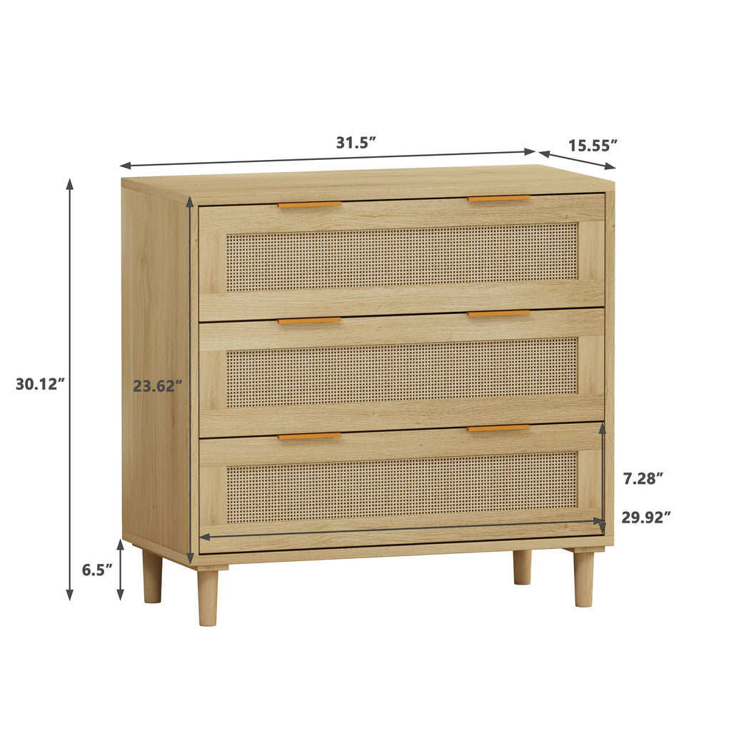 3 Drawer Storage Cabinet With Rattan Drawers For Bedroom, Living Room - Oak
