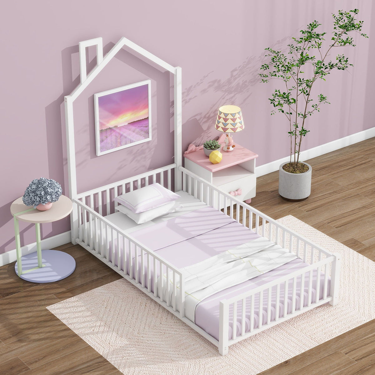 Metal House Platform Bed With Guardrail And Chimney