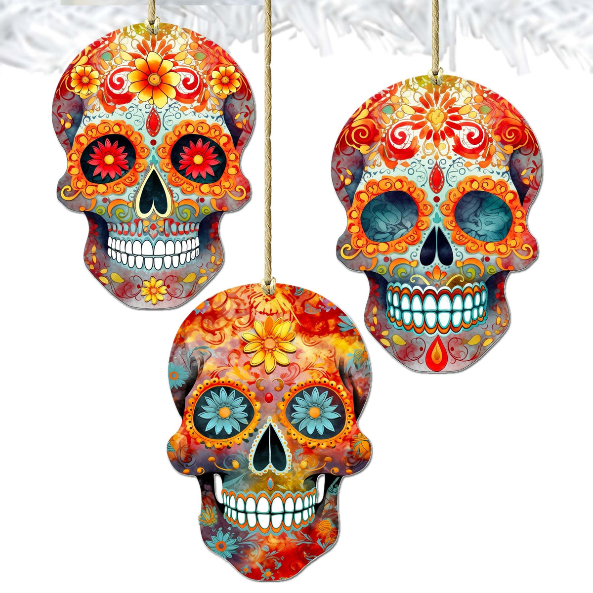 Sugar Skulls Decorative Wooden Ornaments of 3 by G. Debrekht - Halloween Decor - 8091071-S3