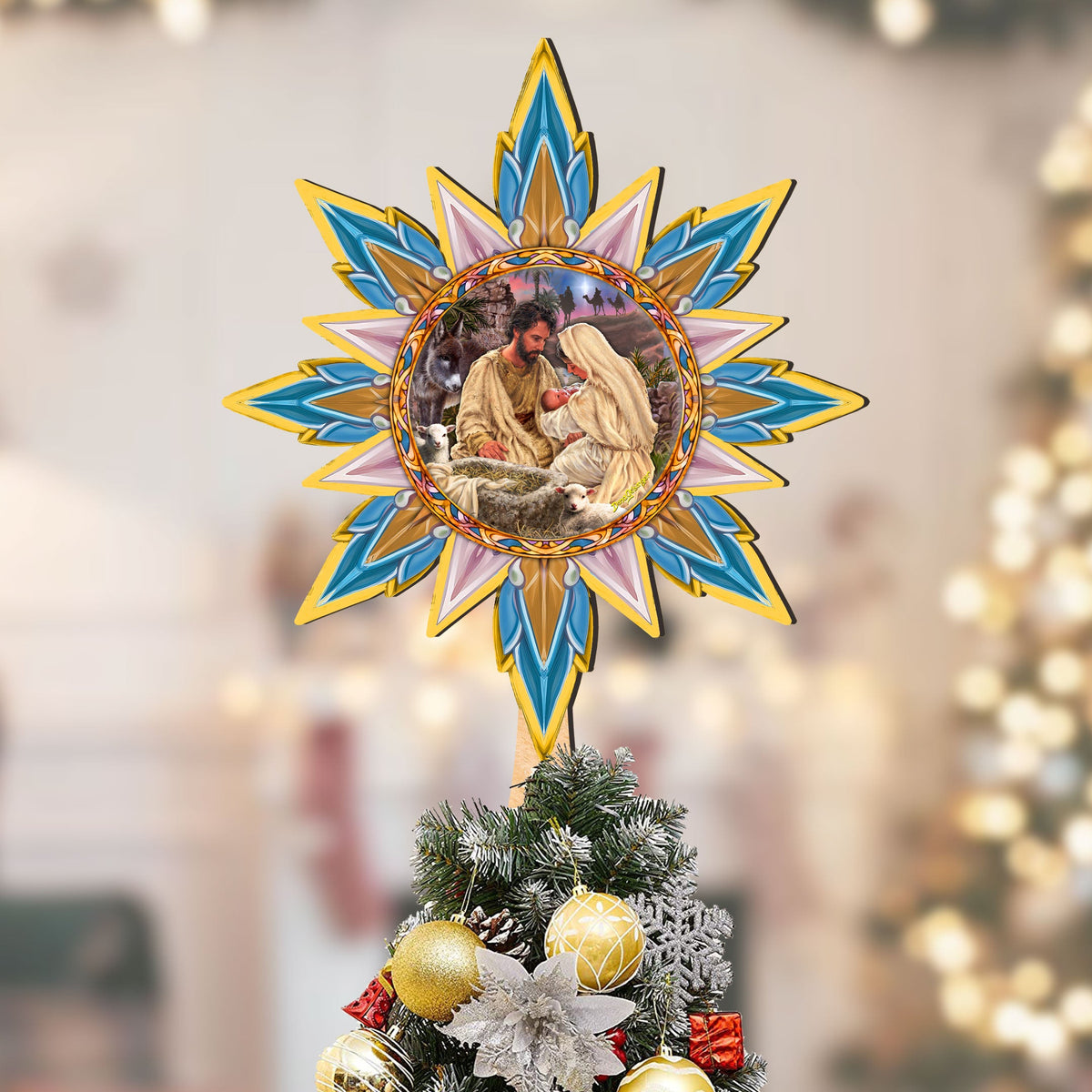 Classic Nativity Star Tree Topper Wooden Décor by D. Gelsinger - Nativity Holiday Décor - 89502-DG