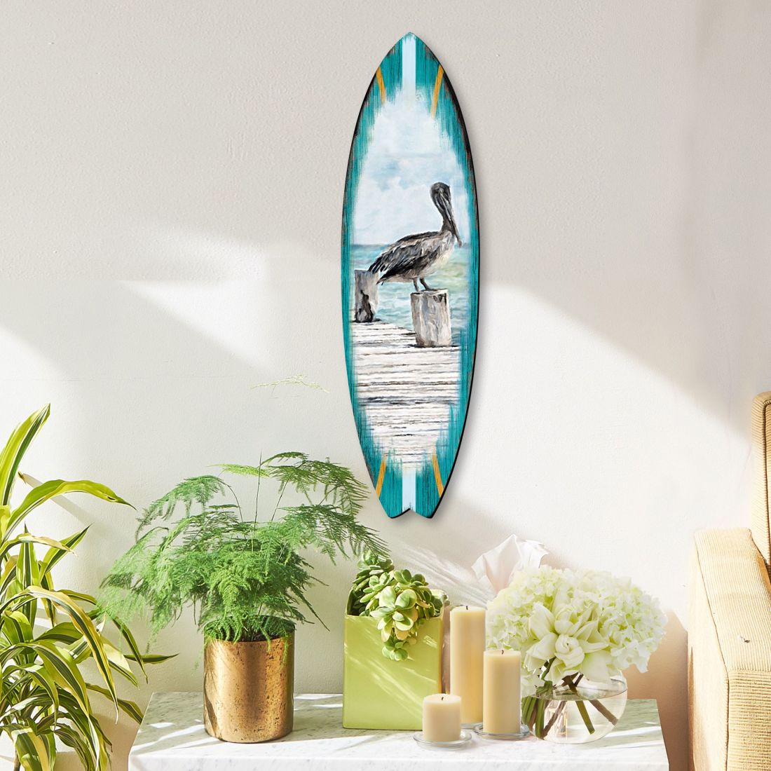 Pelican Surfboard Coastal Door Art by G. DeBrekht - Coastal Sea-Life Decor - 8490107HS