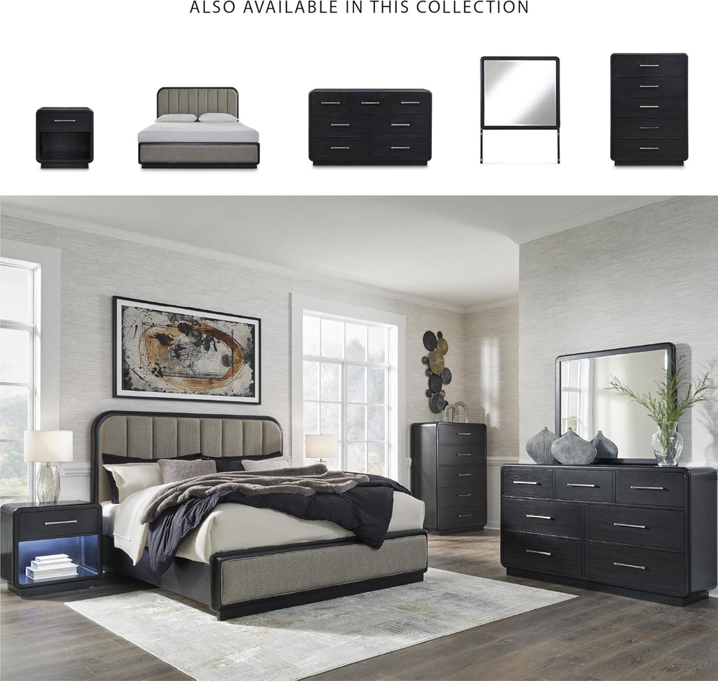 Signature Design by Ashley Rowanbeck Contemporary 7-Drawer Dresser and Mirror with Felt Lined Top, Black
