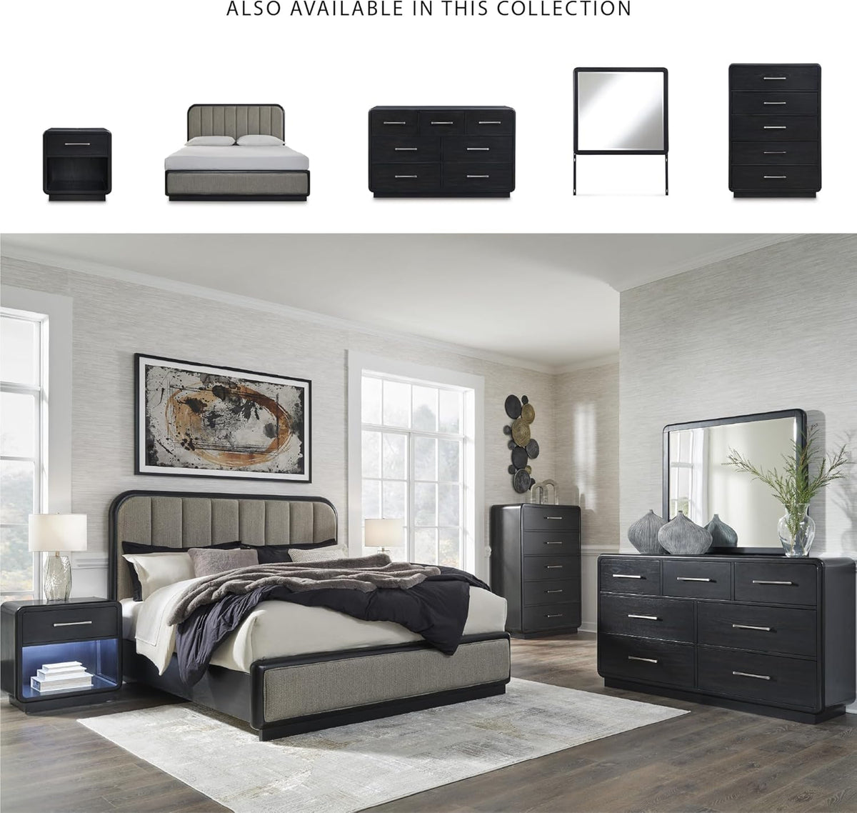 Signature Design by Ashley Rowanbeck Contemporary 7-Drawer Dresser and Mirror with Felt Lined Top, Black