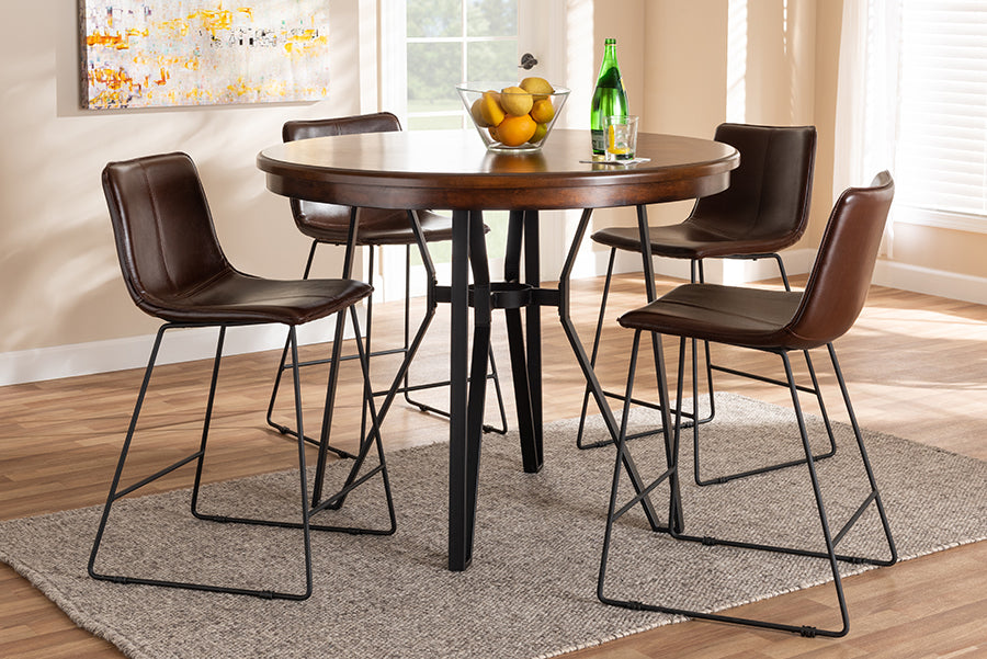 Baxton Studio Carvell Rustic and Industrial Dark Brown Faux Leather Upholstered 5-Piece Pub Set