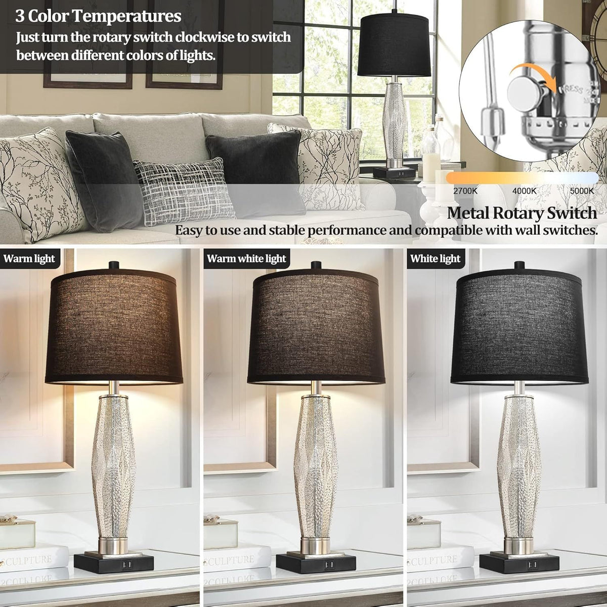 Table Lamps Set of 2 with USB Charging Ports