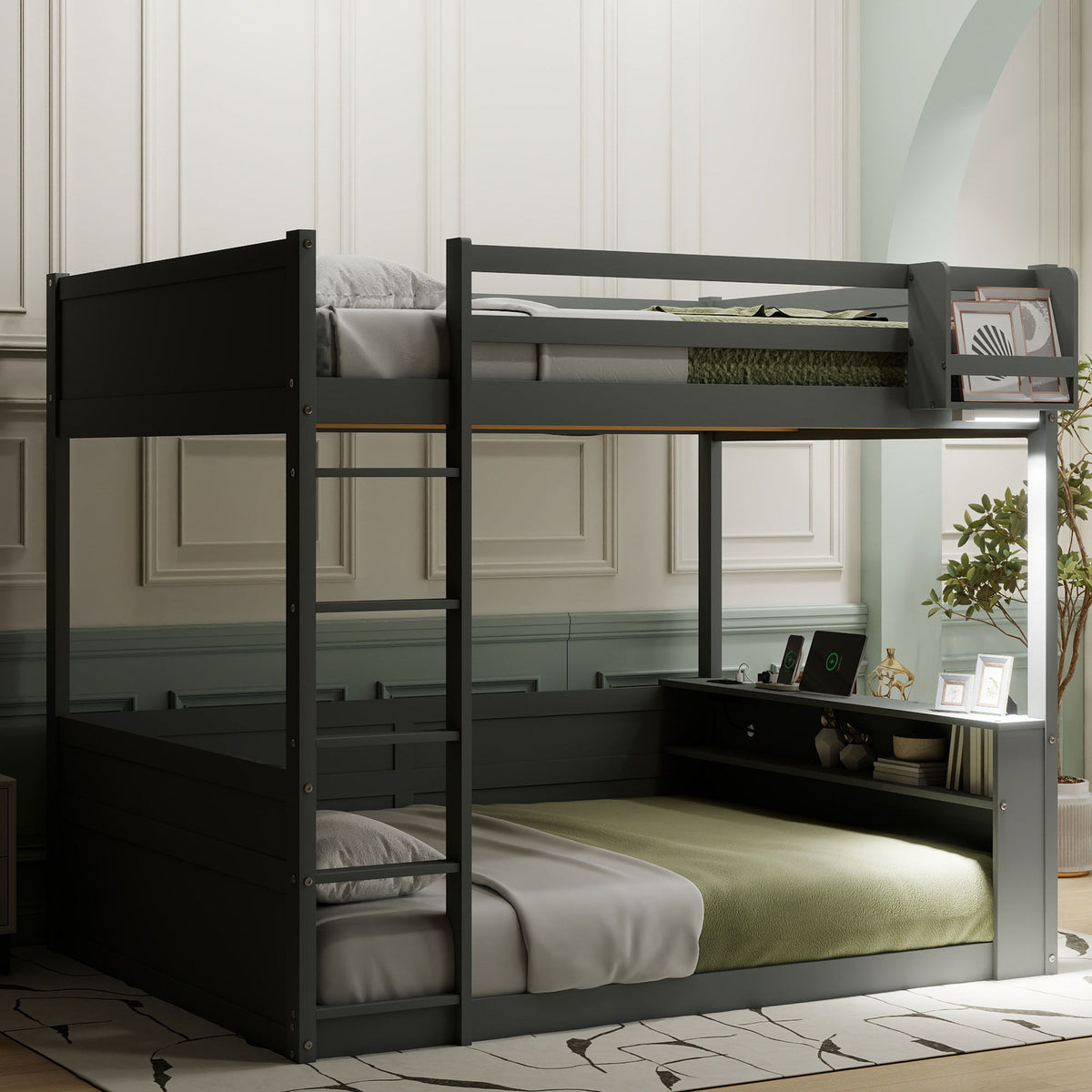 Bunk Bed With Built In Shelves, Storage Box, LED Light And USB Charging Station