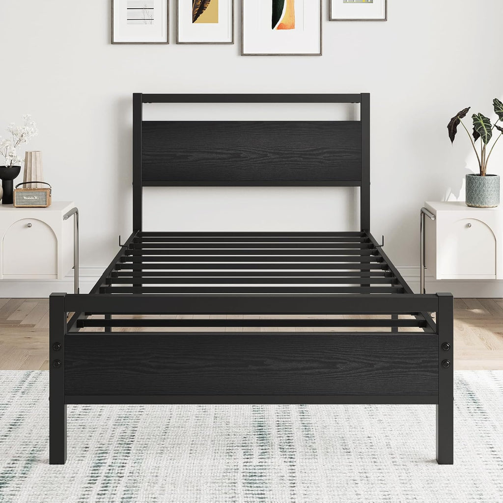Black Twin Bed Frame with Wood Headboard,Metal Single Platform Bed Frame Twin Size No Box Spring Needed,Heavy Duty Metal Slats Support,Mattress Base,Noise Free,Easy Assembly,Black