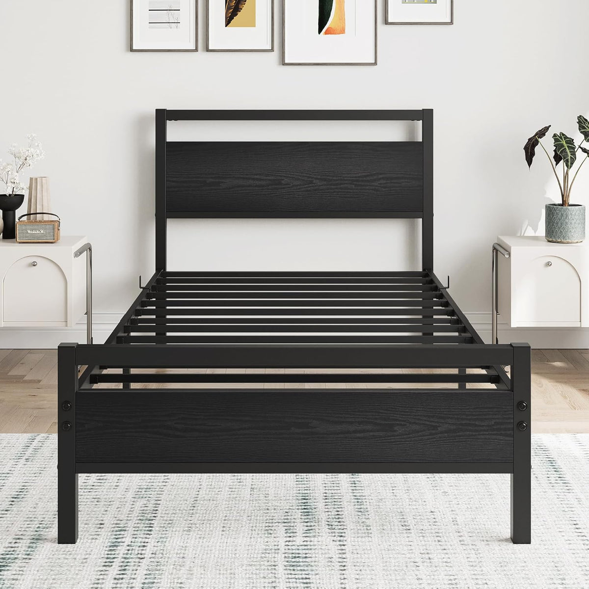 Black Twin Bed Frame with Wood Headboard,Metal Single Platform Bed Frame Twin Size No Box Spring Needed,Heavy Duty Metal Slats Support,Mattress Base,Noise Free,Easy Assembly,Black