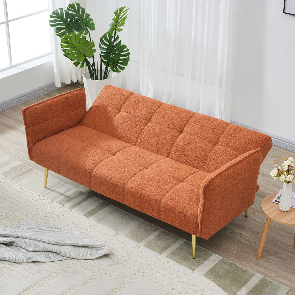 Convertible Double Futon Sofa Bed With Folding Armrests For Living Rooms