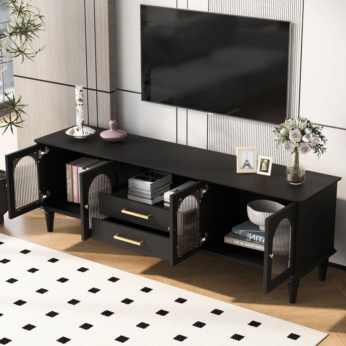 TV Stand For TVs Up To 75", Entertainment Center Media Console For Living Room - Black