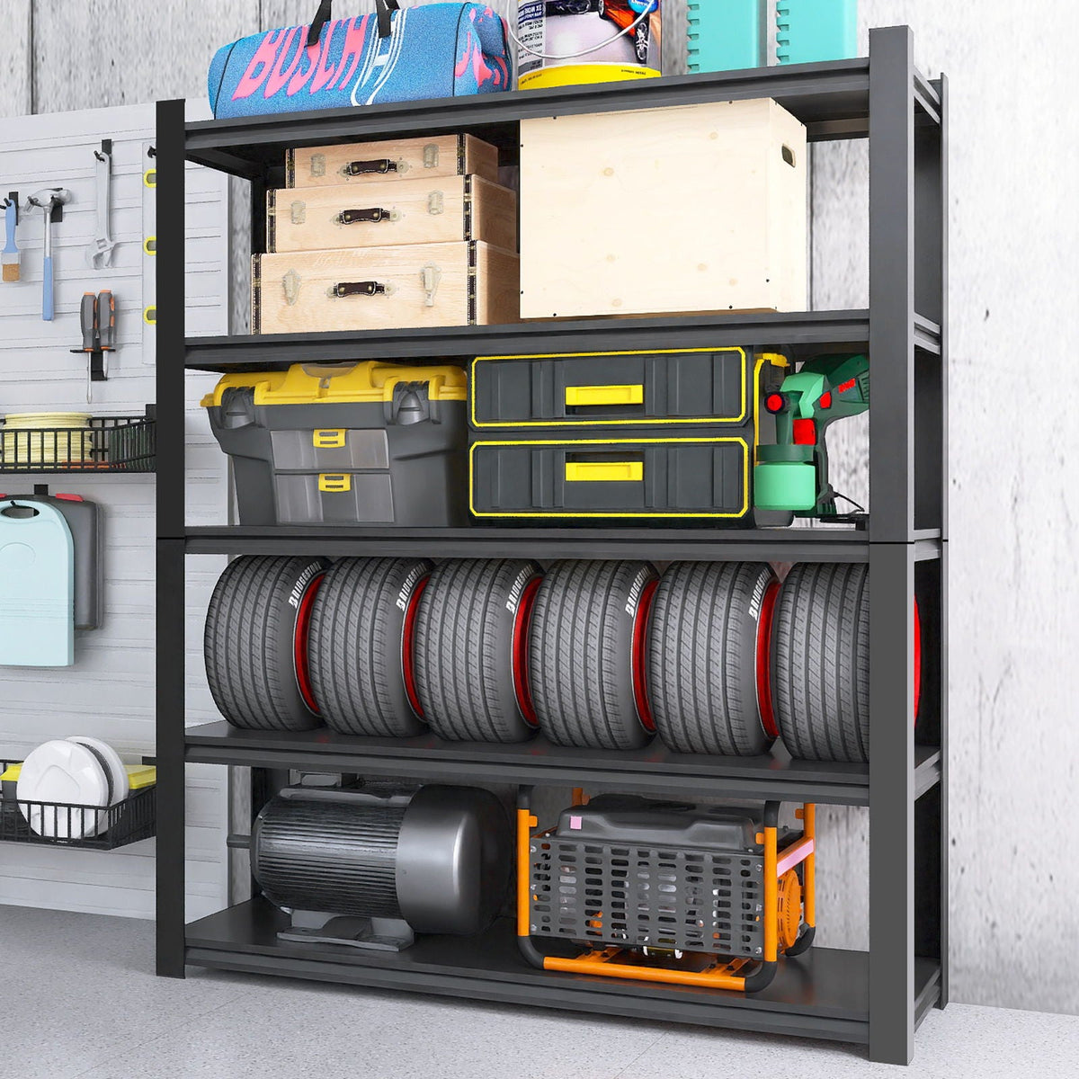 Shelves With 5 Removable Dividers, Durable For Garage - Black