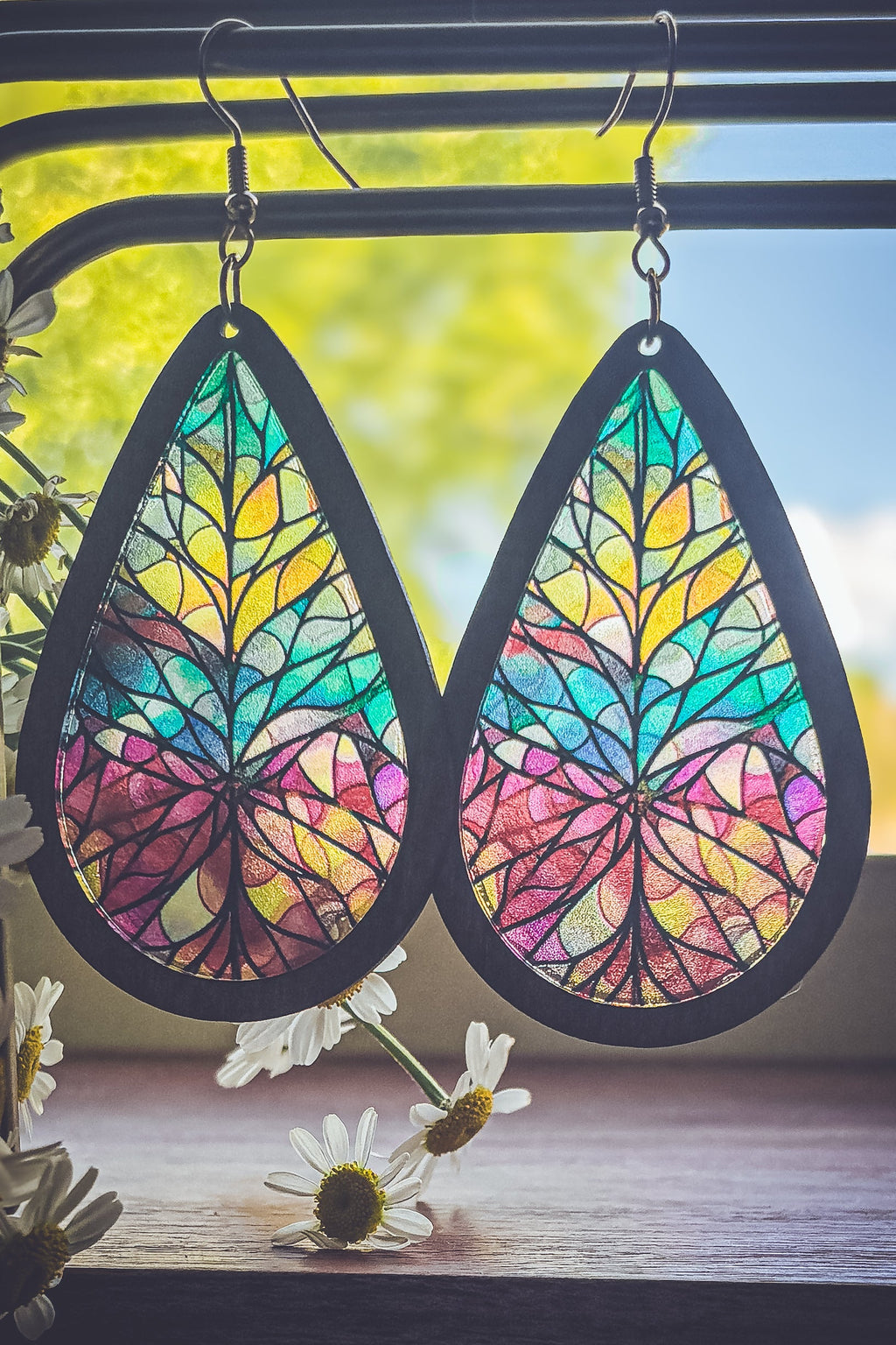 Beautiful Wood and Stained Glass Effect Earrings