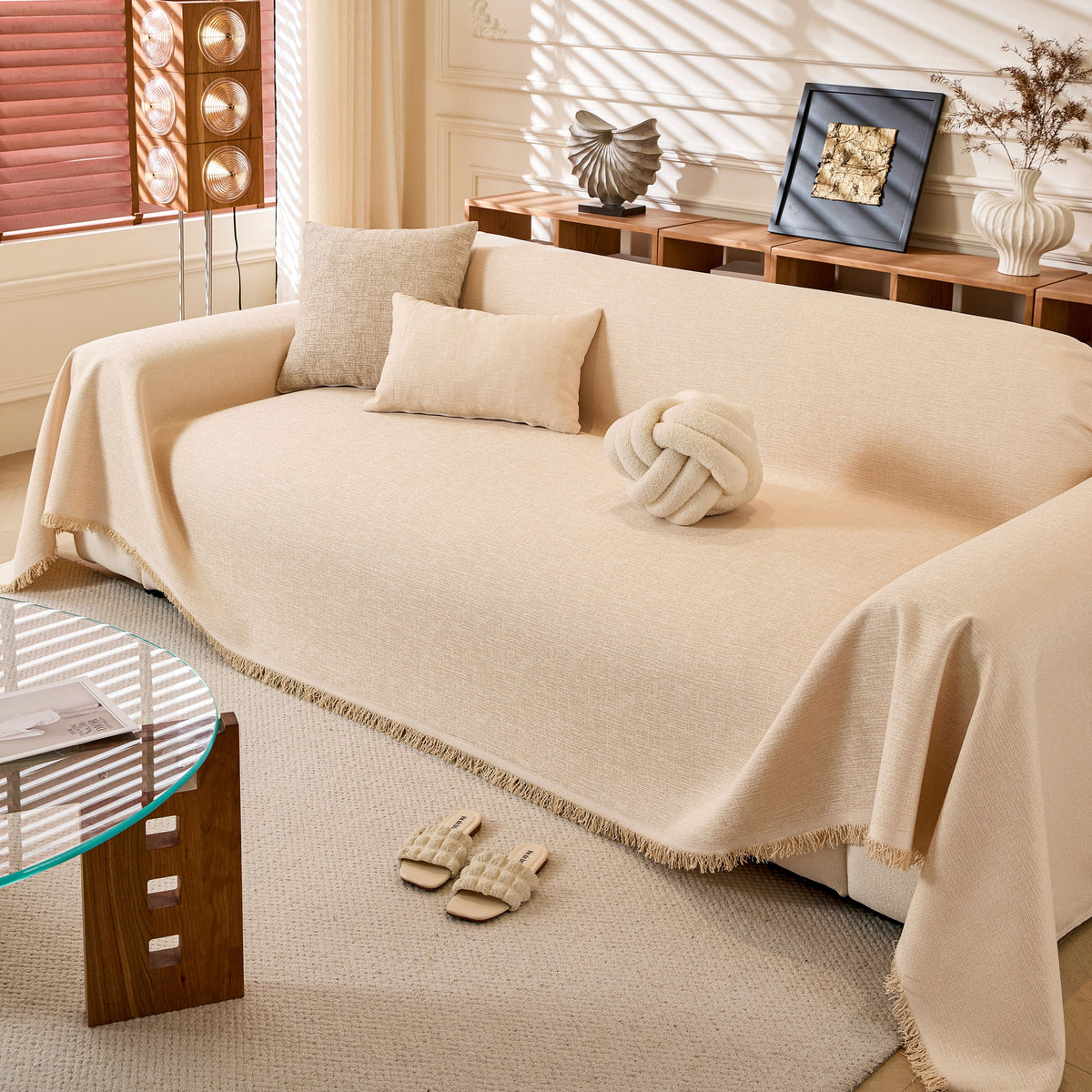 Linen-Look Textured Couch Throw Cover, Breathable Sofa Blanket & Furniture Protector