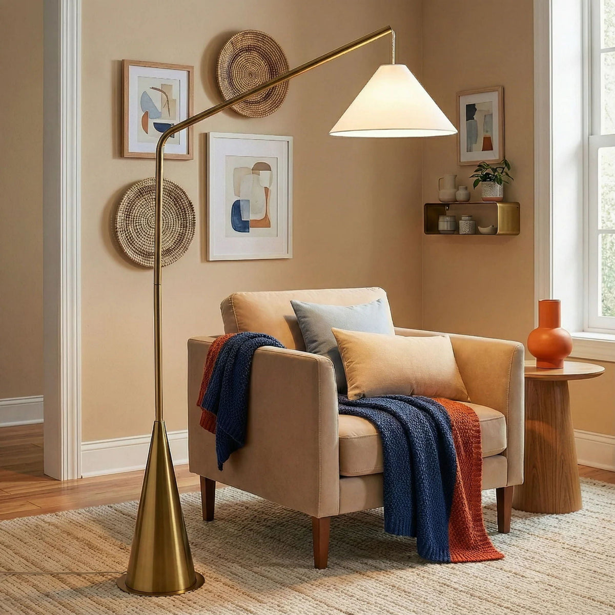 Lisbon - Floor Lamp With On / Off Switch Coned Base Hanging Shade - Antique Brass / White