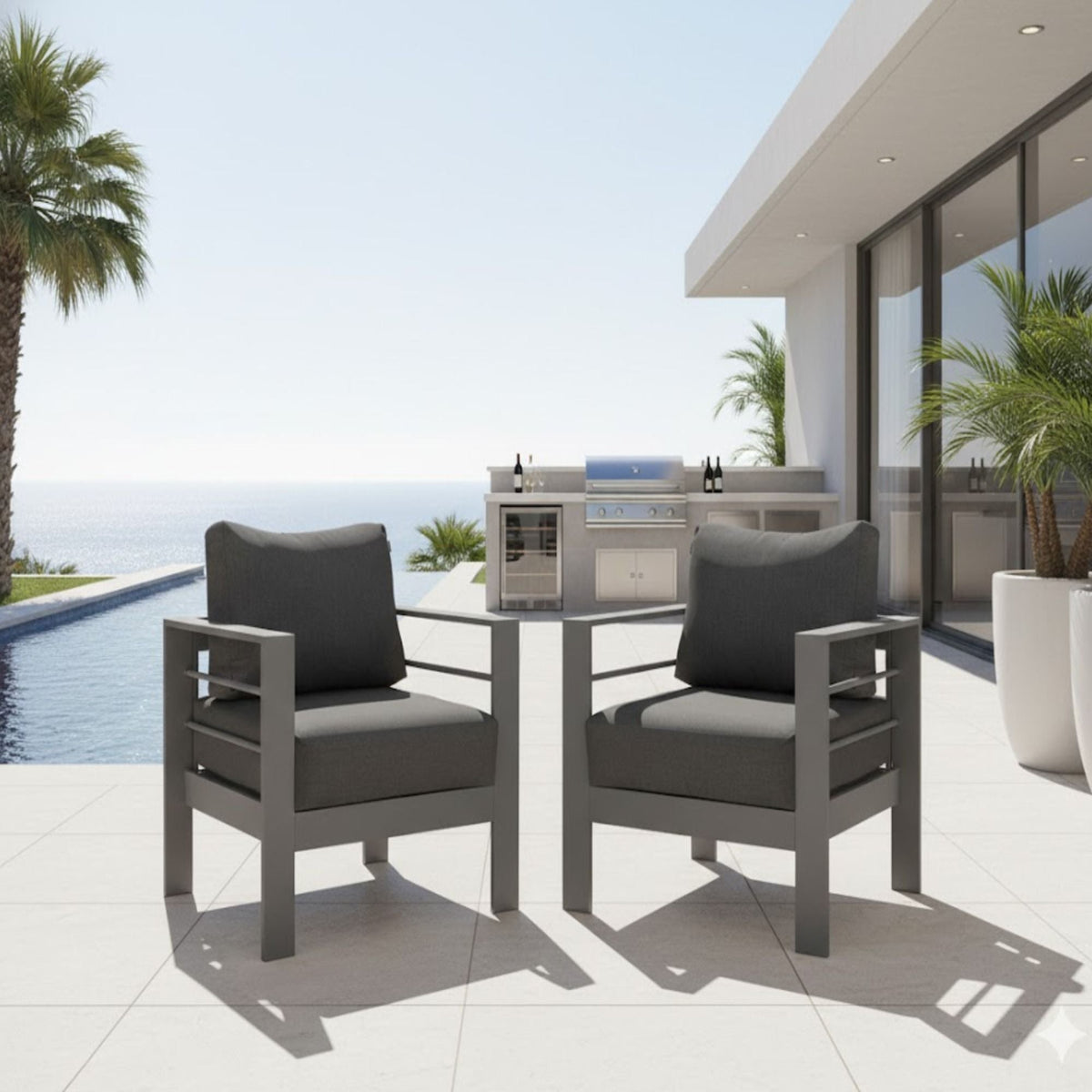 Patio Armchairs With Thick Cushions, All Weather (Set of 2) - Gray / Gray