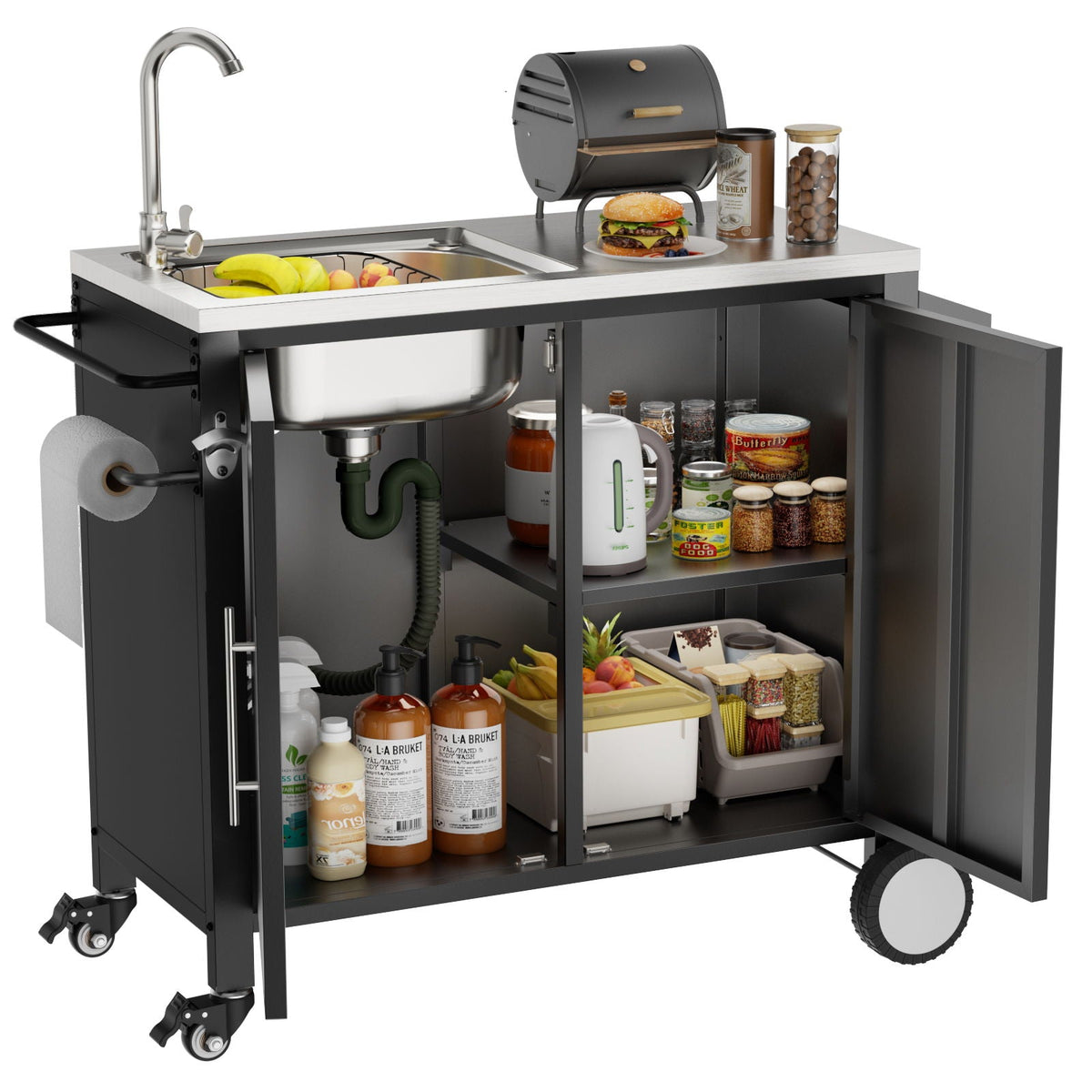 Outdoor Grill Cart With 304 Stainless Steel Sink And Cabinet - Black / Silver